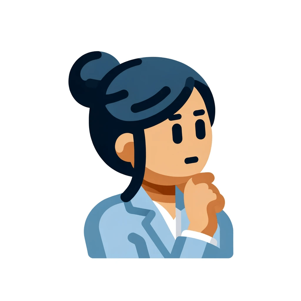 DALL·E 2023-12-13 14.27.32 - A simple, flat, clipart-style emoji of a thinking office worker. The character is a Middle-Eastern female with dark hair tied in a bun, wearing a ligh